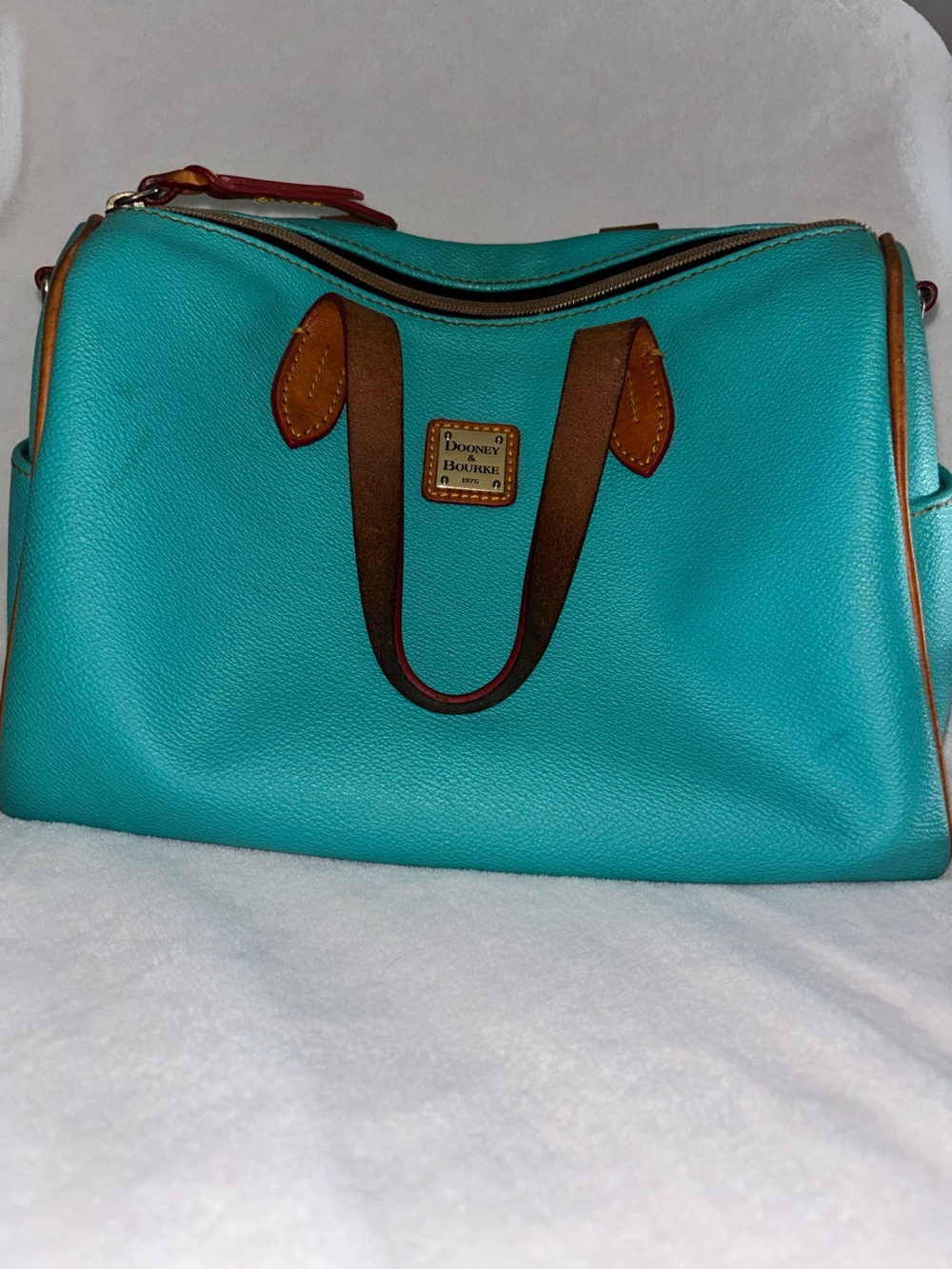 Dooney & Bourke Turquoise Pebble Leather Satchel with Brown Trim